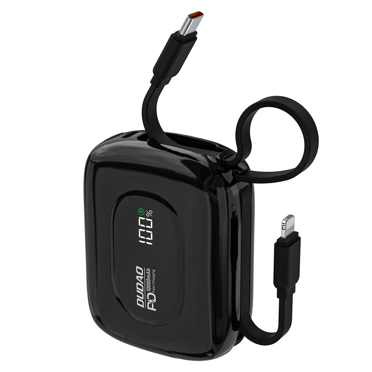 Dudao K32 22.5W 10000mAh išorinė baterija su įmontuotu USB-C / Lightning kabeliu - juoda