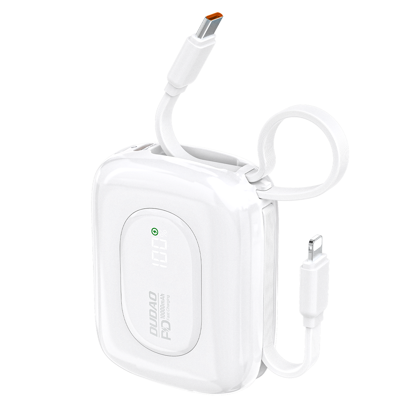 Dudao K32 22.5W 10000mAh išorinė baterija su įmontuotu USB-C / Lightning kabeliu - balta