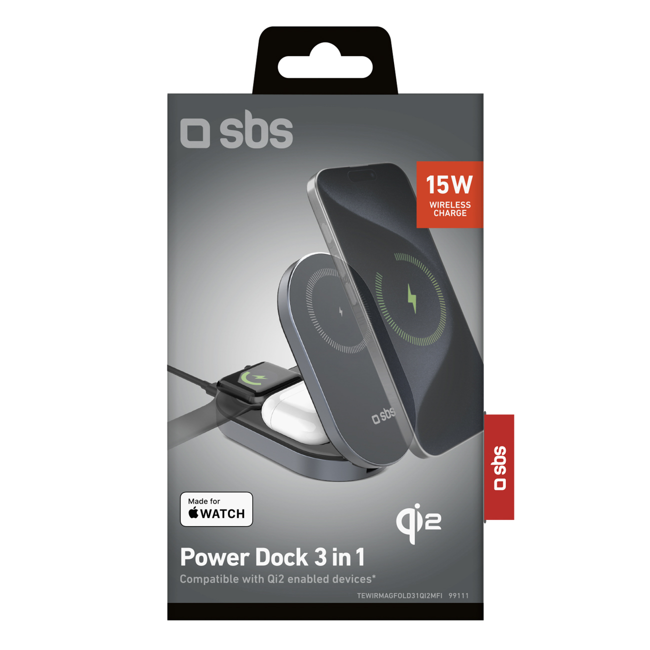 SBS 3-in-1 Foldable Wireless Charging Station QI2 MFI - Made for iPhone - Black
