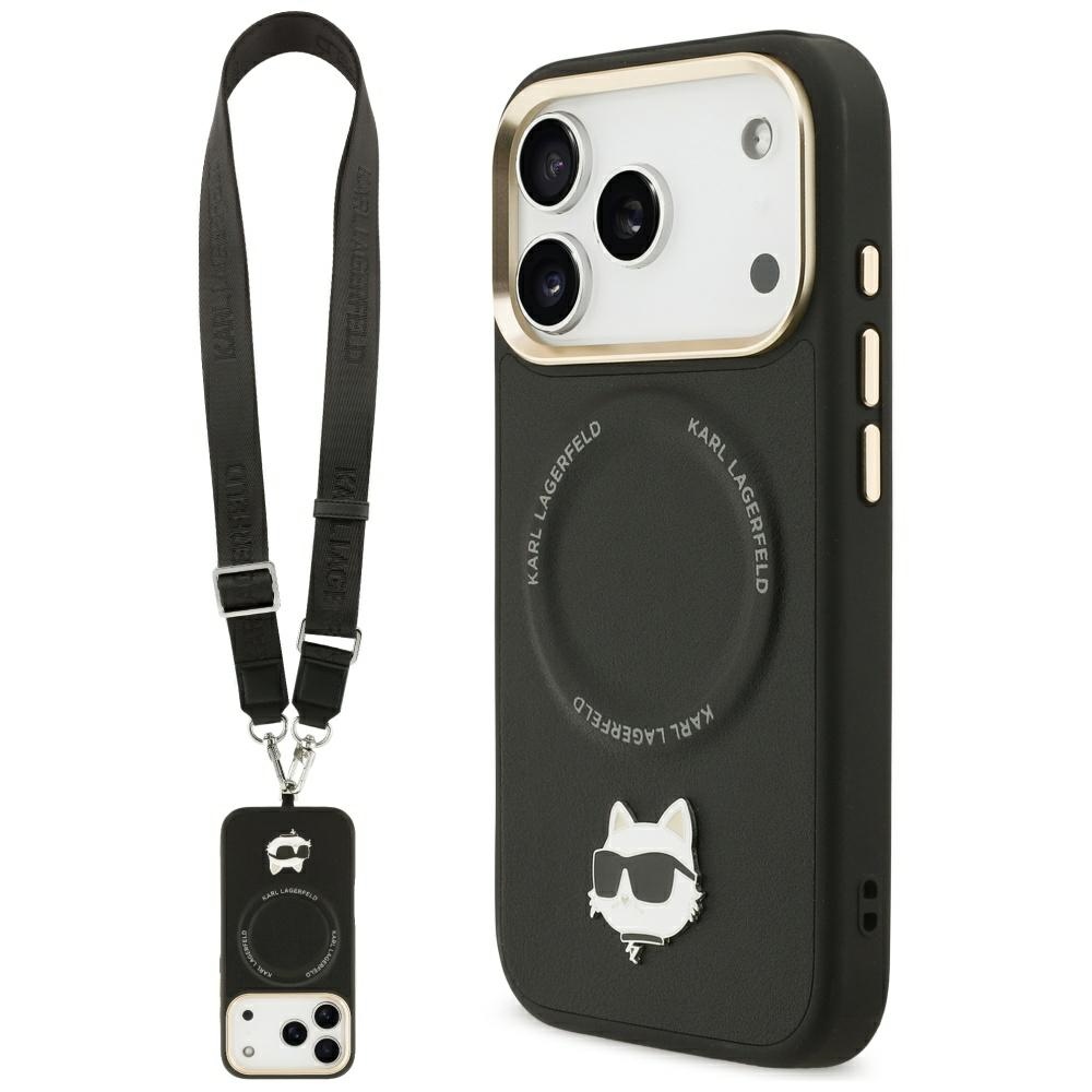 Karl Lagerfeld Big Strap Choupette metalinio logotipo Magnetinis dėklas telefonui iPhone 17 Pro Max - juodas