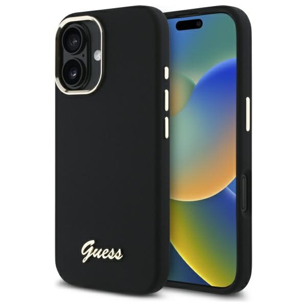 "Guess" silikoninis "iPhone 16 Plus" korpusas su metaliniu logotipu ir rėmeliu - juodas
