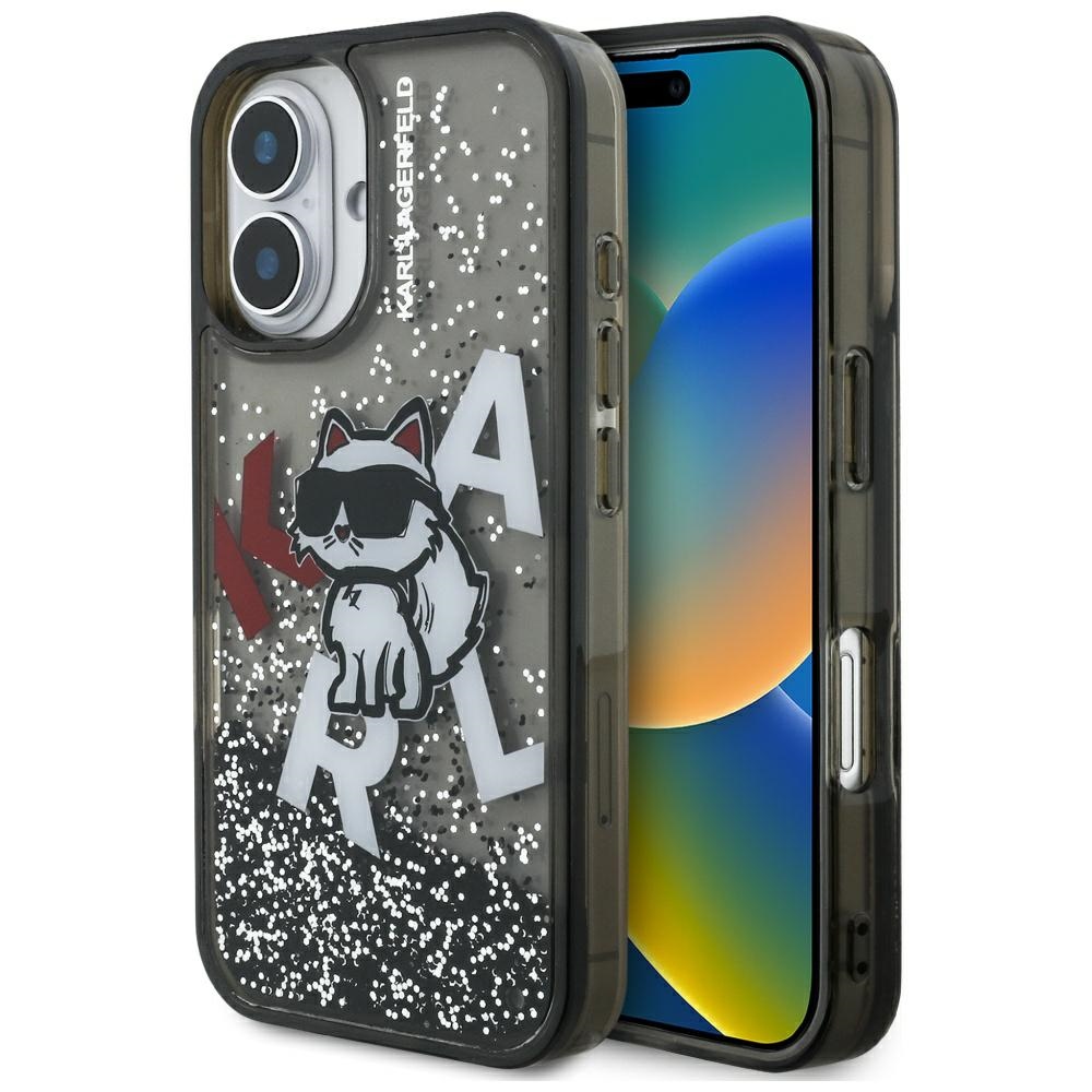 Karl Lagerfeld Liquid Glitter Choupette Logo iPhone 16 deklas - juodas