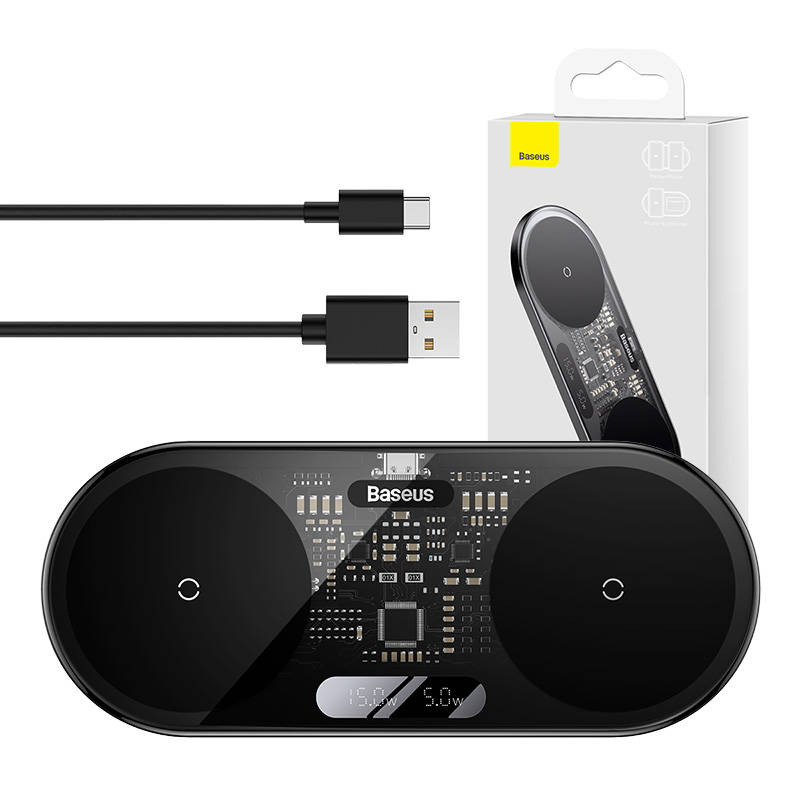 Dvigubas "Qi" belaidis įkroviklis "Baseus", skaitmeninis LED ekranas, 20 W