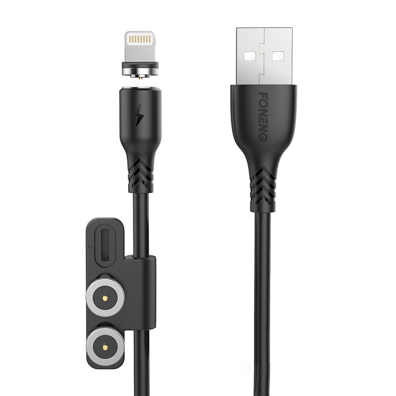 Foneng X62 magnetinis 3in1 USB į USB-C / Lightning / Micro USB kabelis, 2.4A, 1m (juodas)