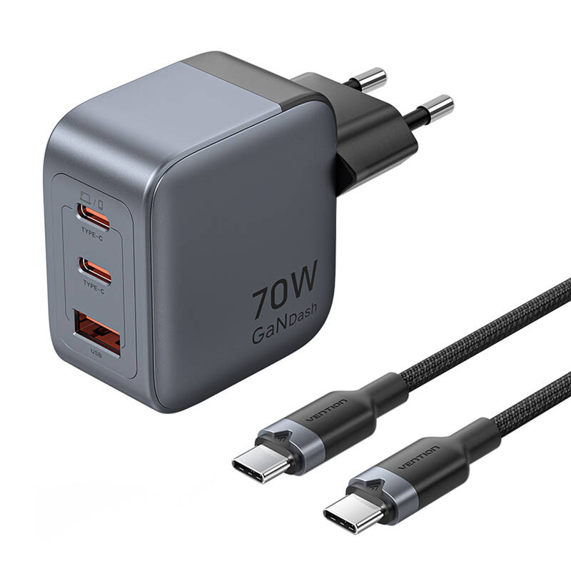 Vention GaN USB-C+C+A 70W įkroviklis + USB-C-C kabelis 1m (pilkas)