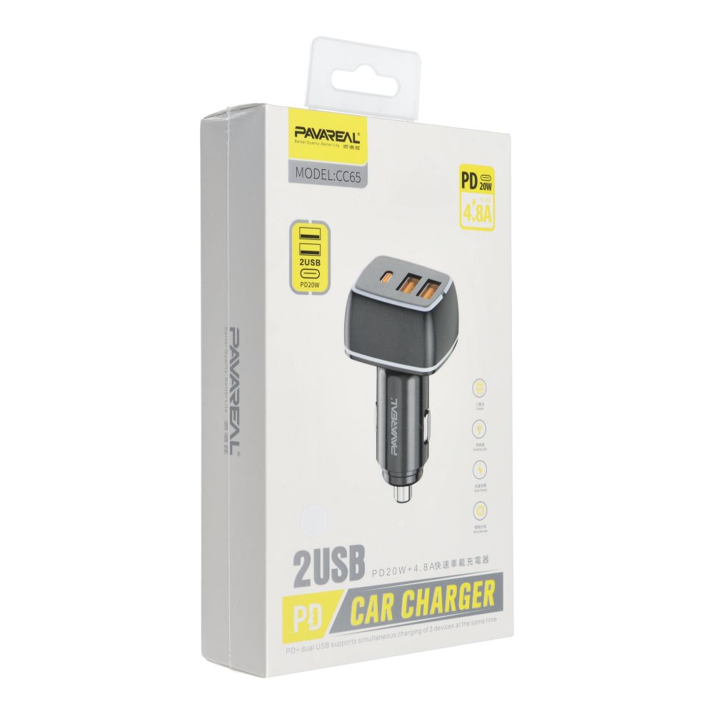 PAVAREAL automobilinis įkroviklis 2 x USB A + Type C PD 4,8A 20W PA-CC65 baltas