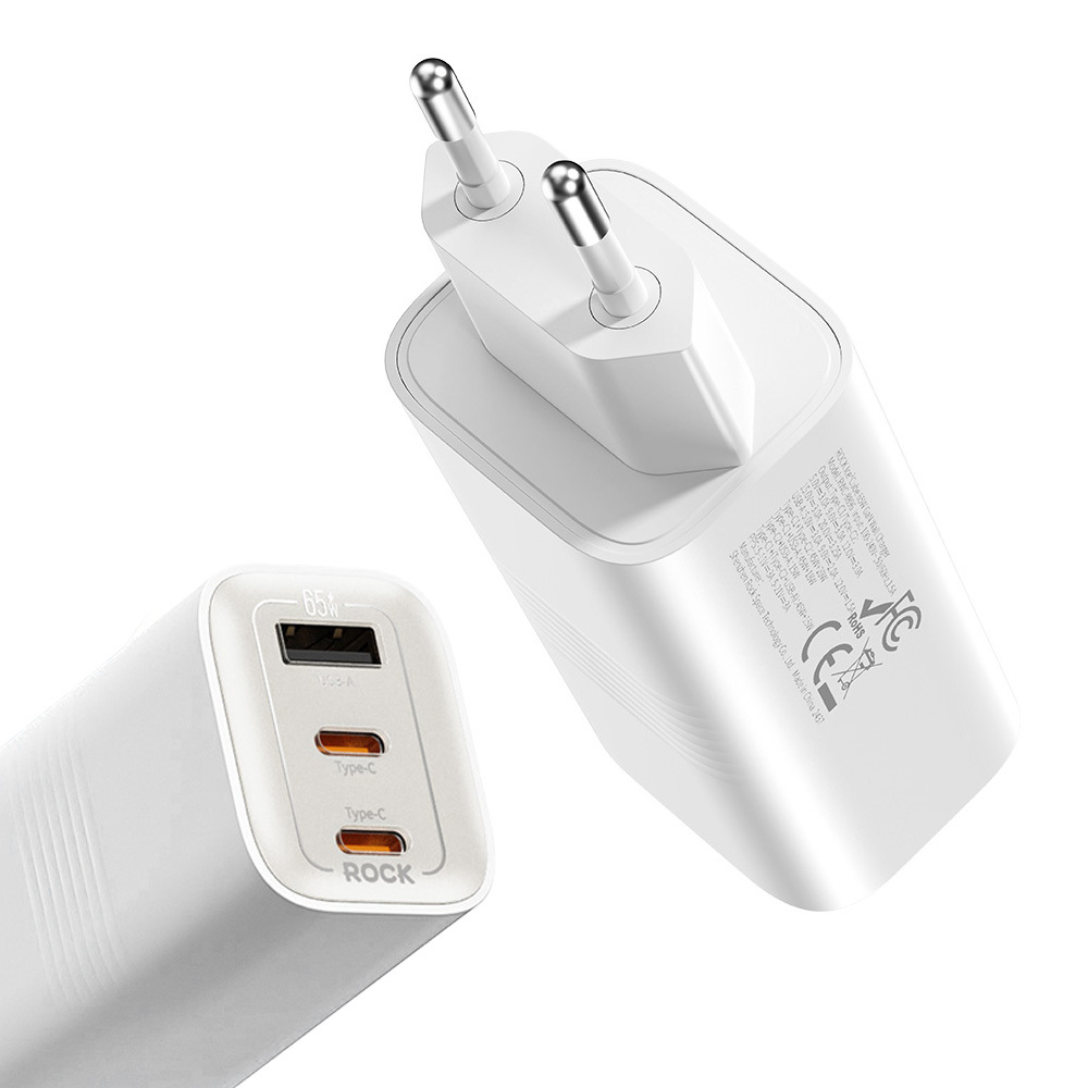 Rock Wall charger Ice2Cube GaN - USB + 2xType C - PD 65W 3A white