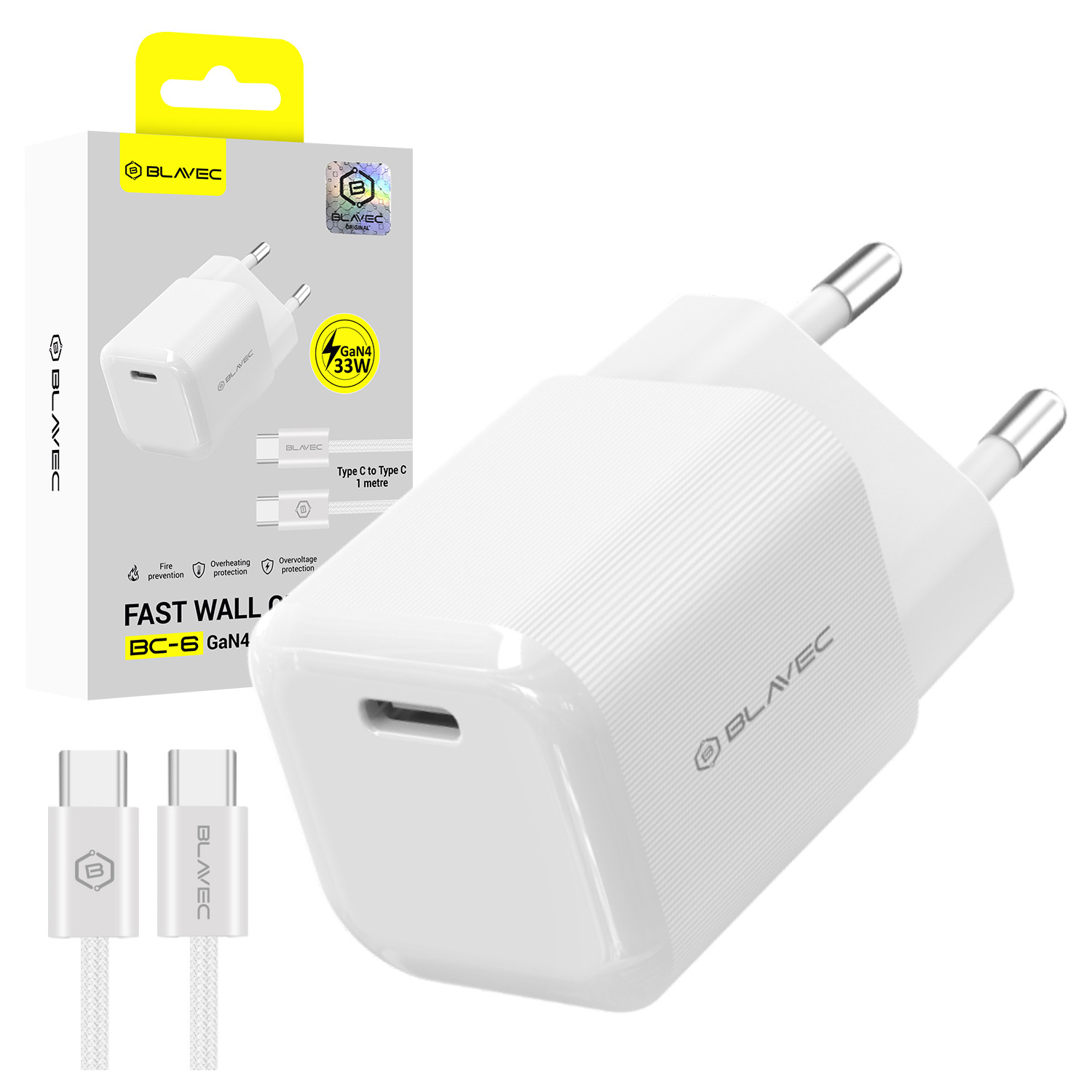 Blavec Wall charger BC-6 GaN4 - Type C - PD QC 33W 3A with Type C to Type C cable (TCBC6G4-CW333A+CC) white