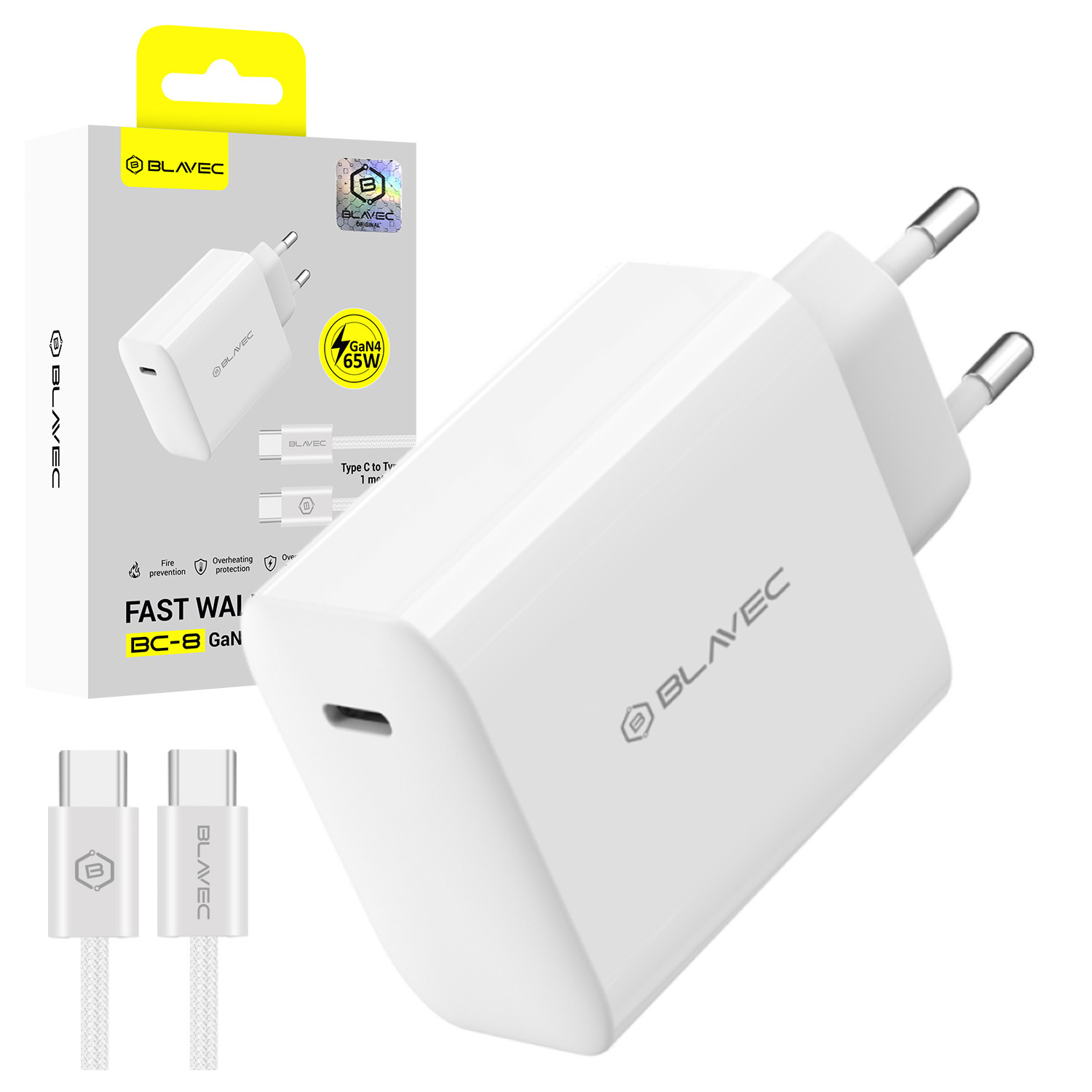 Blavec Wall charger BC-8 GaN4 - Type C - PD QC 65W 3A with Type C to Type C cable (TCBC8G4-CW653A+CC) white