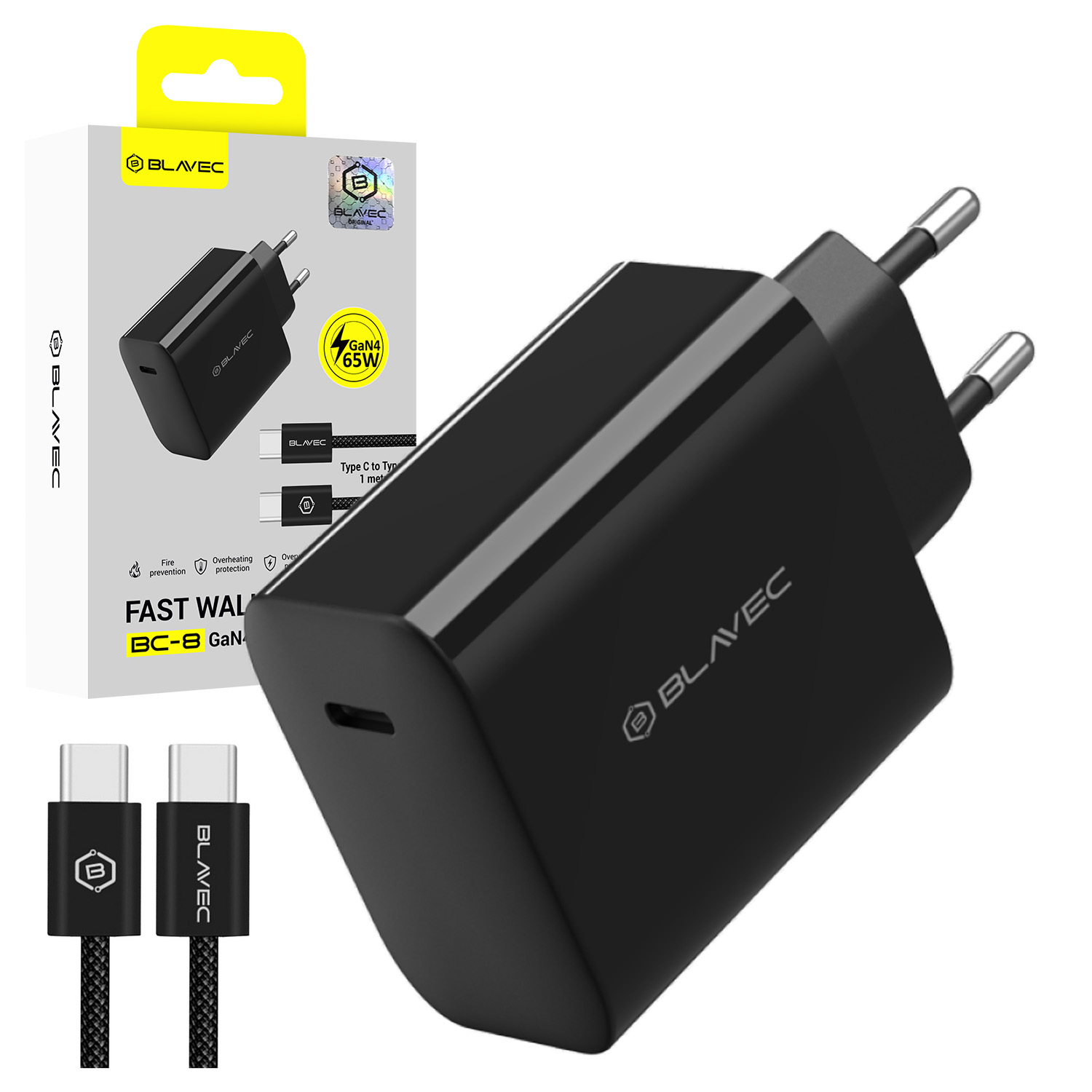 Blavec Wall charger BC-8 GaN4 - Type C - PD QC 65W 3A with Type C to Type C cable (TCBC8G4-CB653A+CC) black