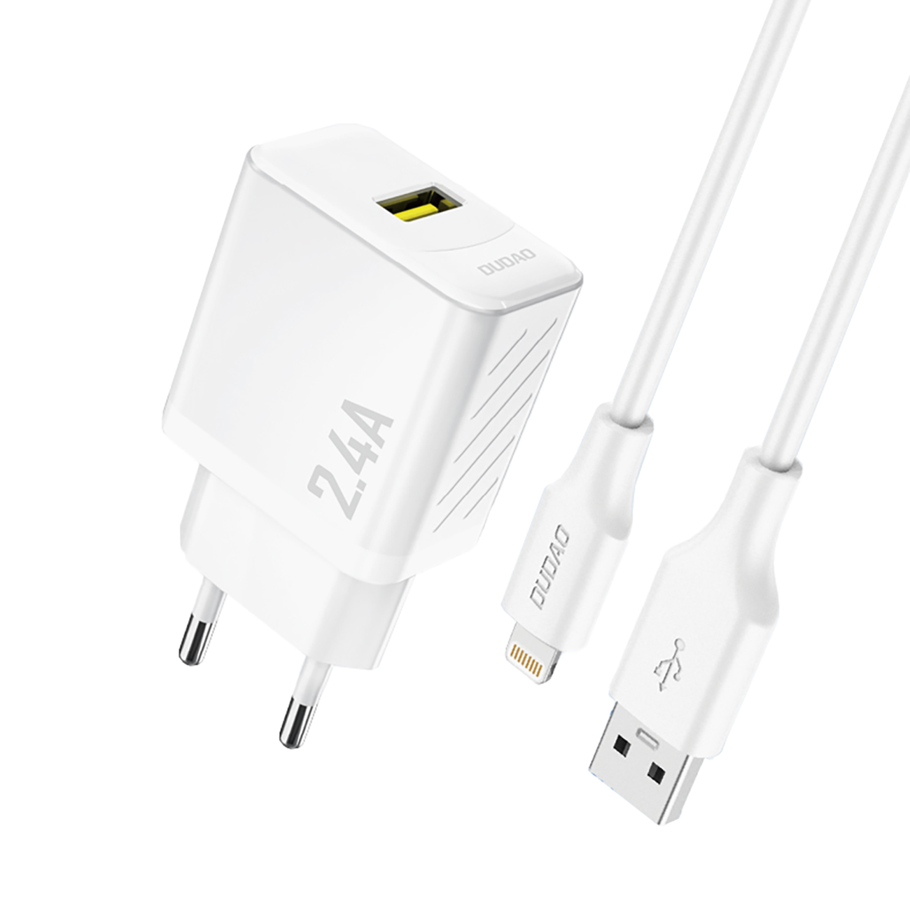 Dudao A23LEU 2.4A GaN EU USB-A Wall Įkroviklis with USB-A to Lightning Laidas - Baltas