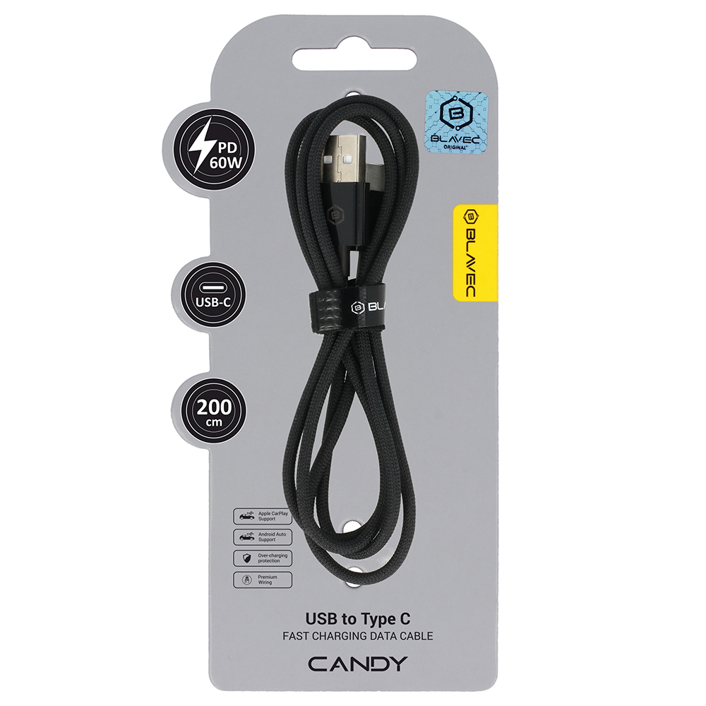 Blavec Cable Candy braided - USB to Type C - PD 60W 3A 2 metres Apple CarPlay/Android Auto (CCA-UC3B20) black