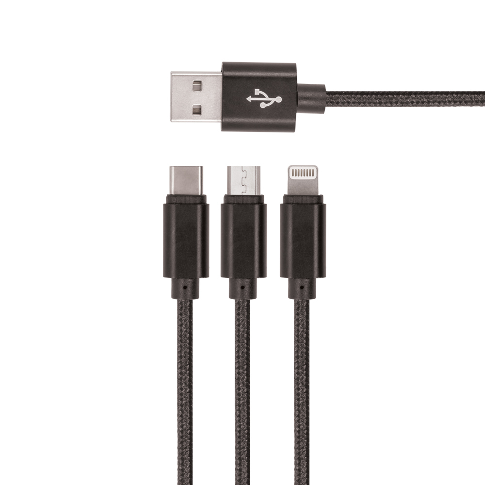"Setty 3in1" kabelis USB - "Lightning" + USB-C + microUSB 1,0 m 2A KN3W1-01 juodas