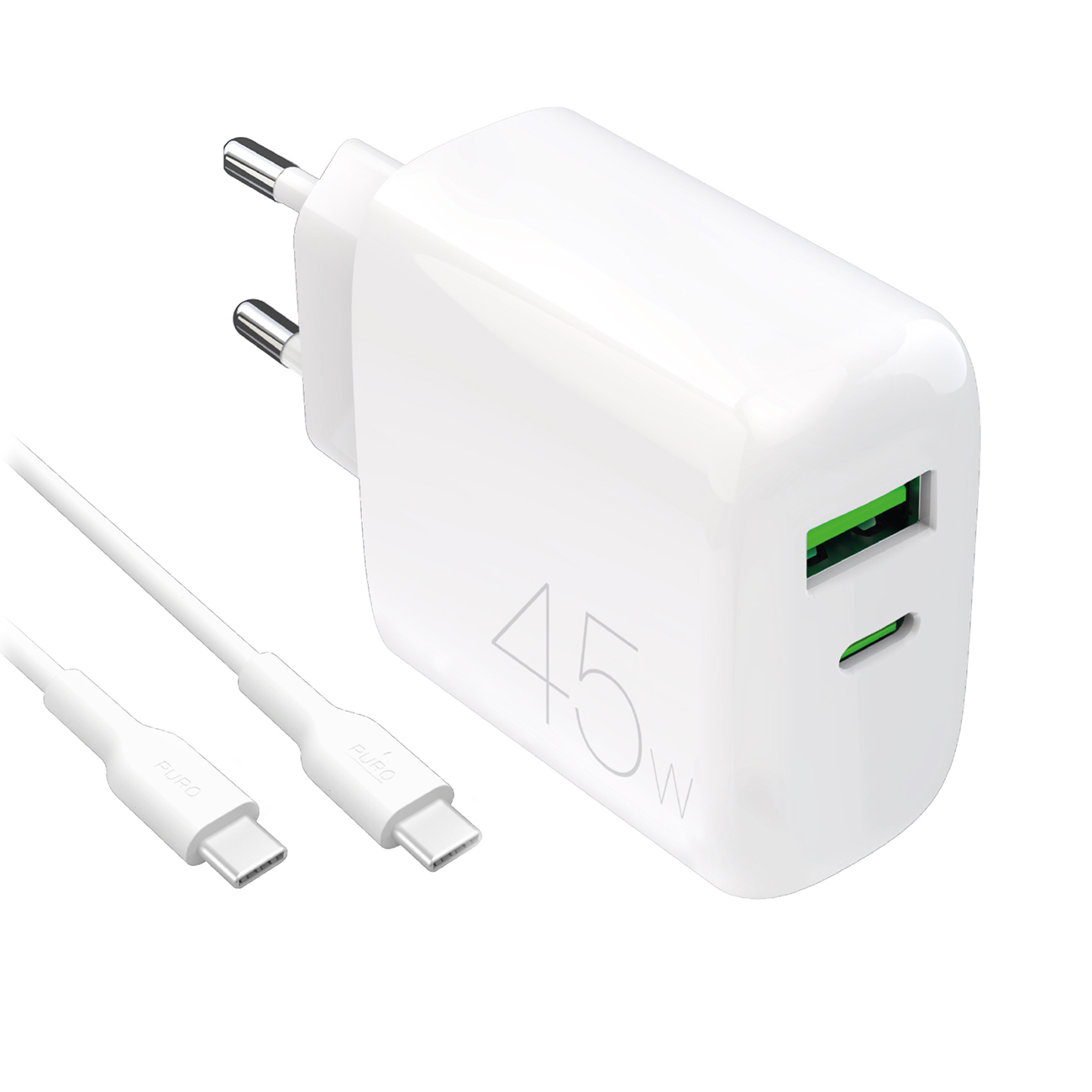 Puro Daily Prolite 45W USB-C USB-A Power Delivery įkroviklis su USB-C kabeliu - baltas