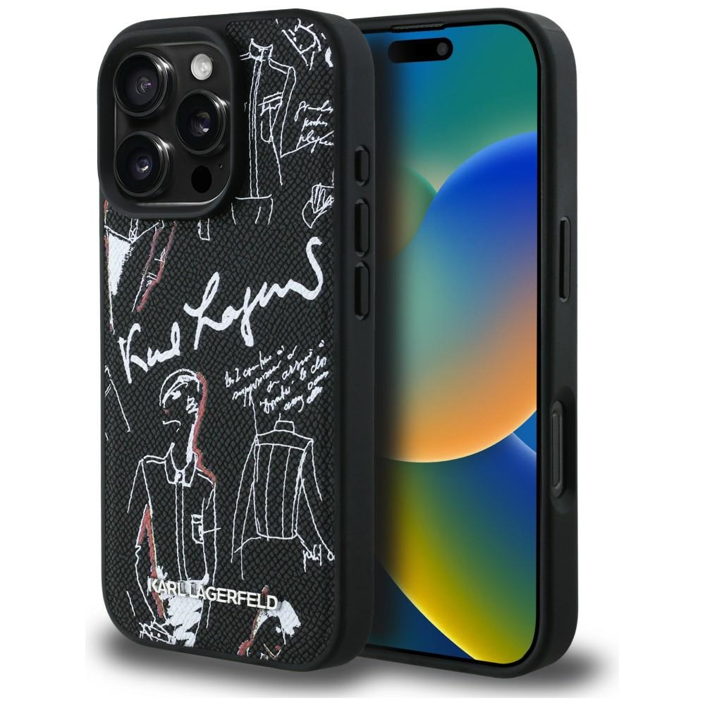 Karl Lagerfeld Grained Pattern & Logo MagSafe Dėklas for iPhone 16 Pro - juodas