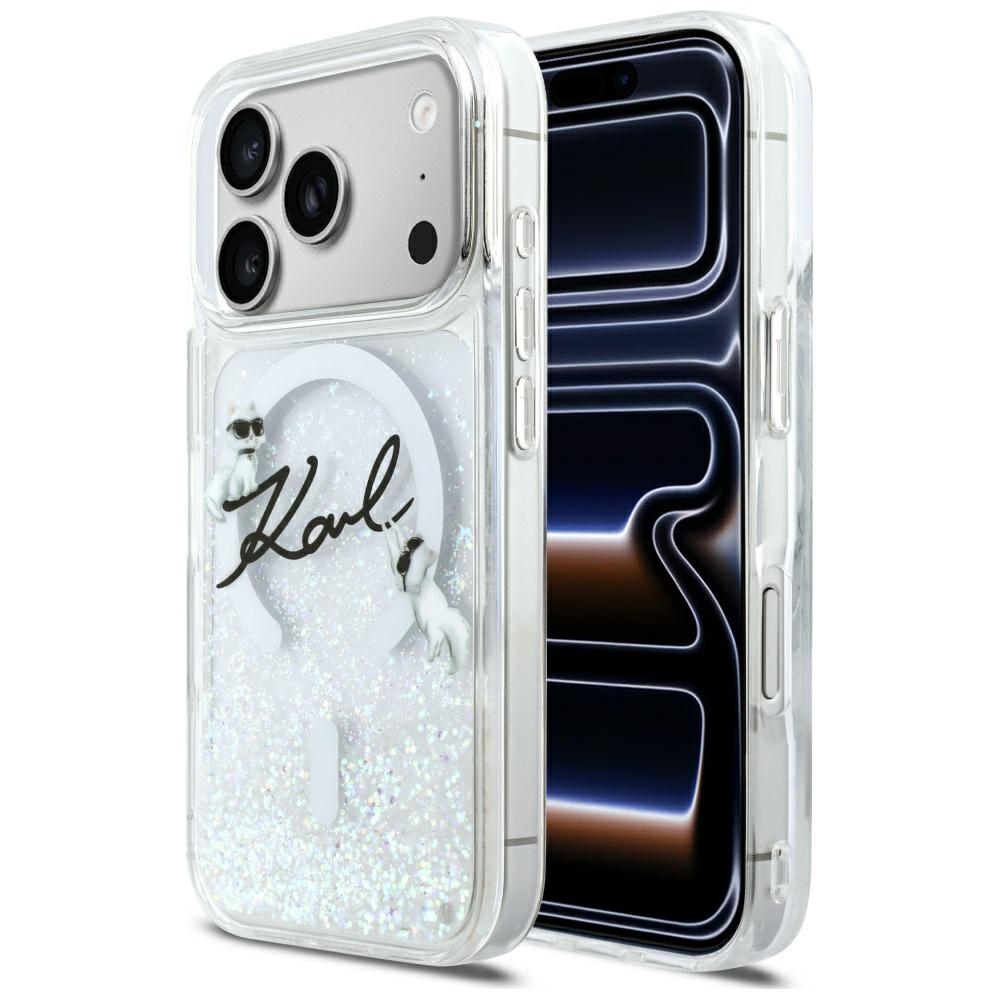 Karl Lagerfeld Liquid Glitter Karl Script Logo MagSafe Dėklas for iPhone 17 Pro - Clear