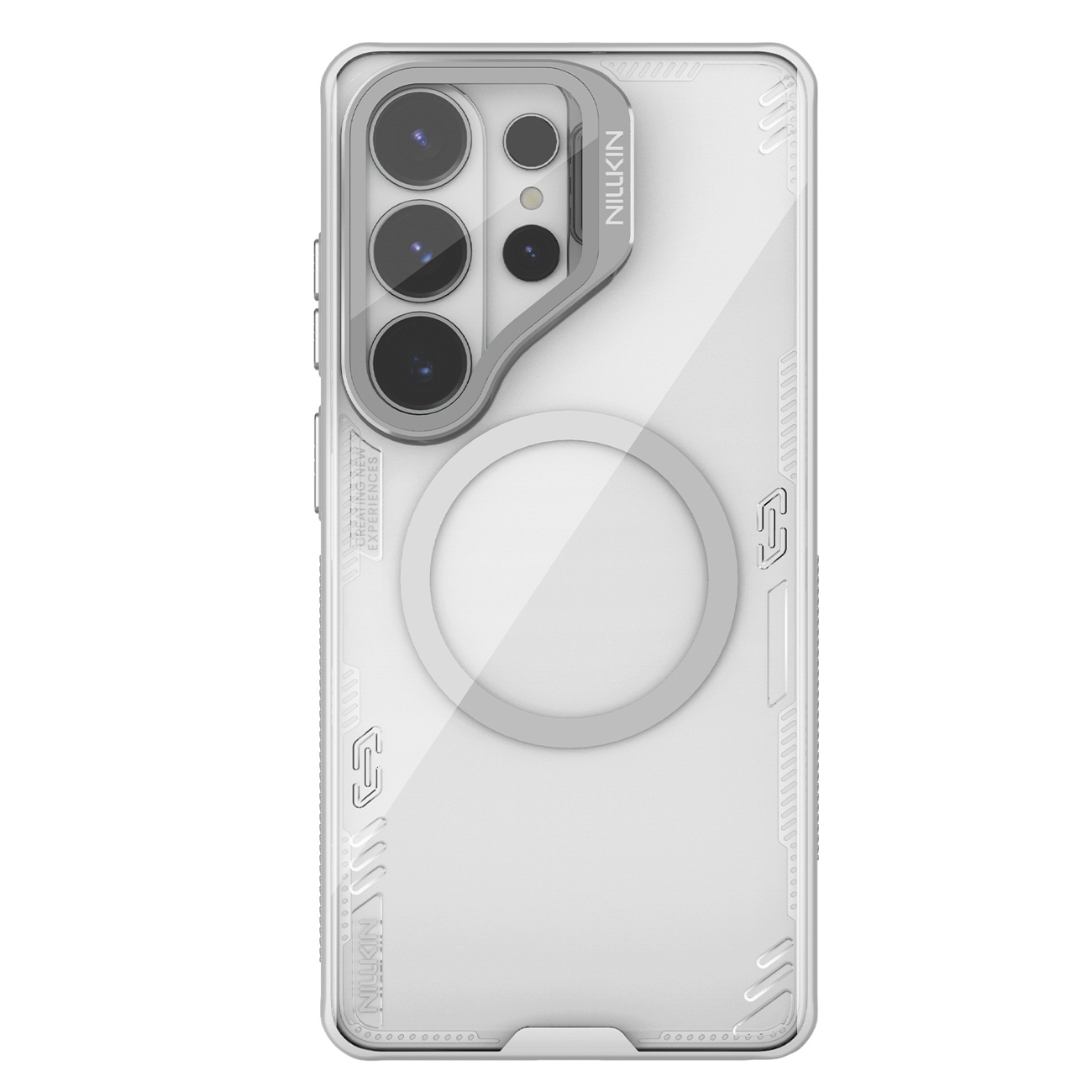 Nillkin Iceblade Prop magnetinis MagSafe dėklas su kameros dangteliu ir stovu skirta Samsung Galaxy S26 Ultra permatomas pilkas
