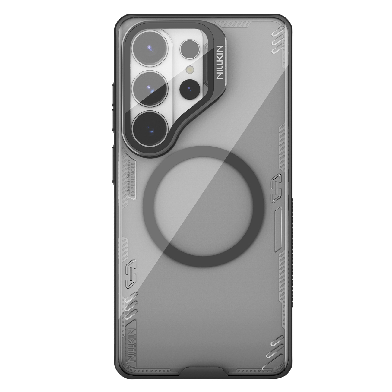 Nillkin Iceblade Prop Magnetic Dėklas with Camera Dėklas and Stovas suderinamas su MagSafe for Samsung Galaxy S26 Ultra - skaidrus juodas