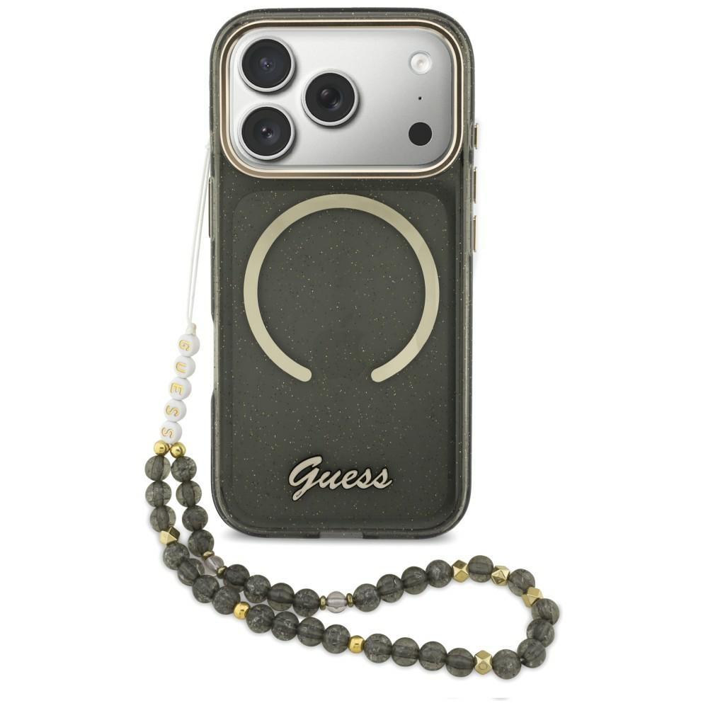 Guess IML Glitters Script Dirželis MagSafe Dėklas for iPhone 17 Pro - juodas