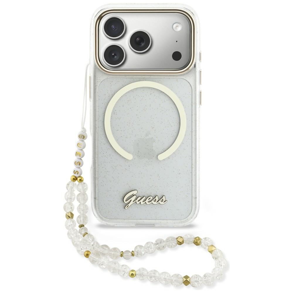 Guess IML Glitters Script Dirželis MagSafe Dėklas for iPhone 17 Pro - Clear