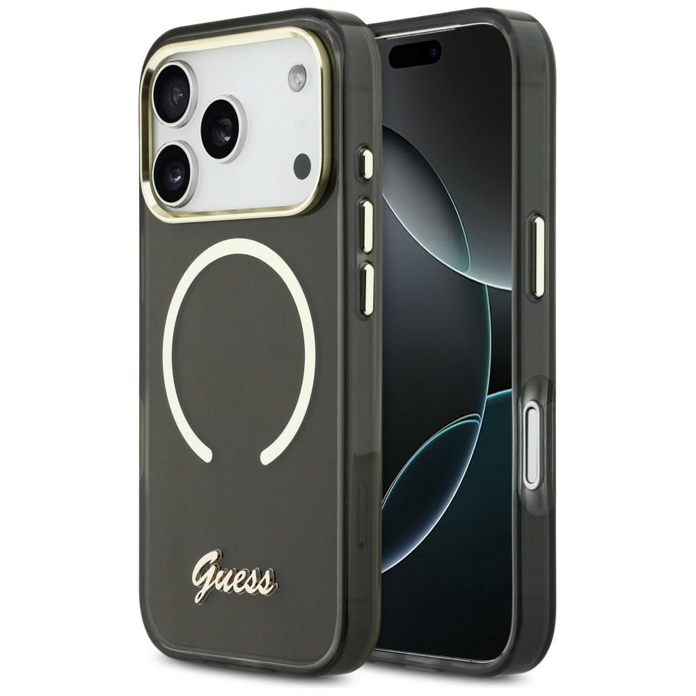 Guess IML Script Metal MagSafe Dėklas for iPhone 17 Pro - juodas