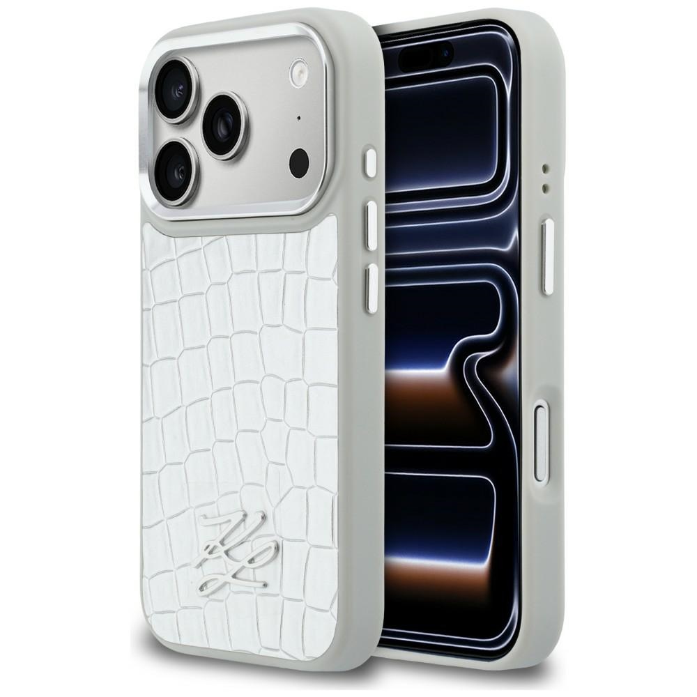 Karl Lagerfeld Croco KL Script Logo MagSafe Dėklas for iPhone 17 Pro - sidabrinis