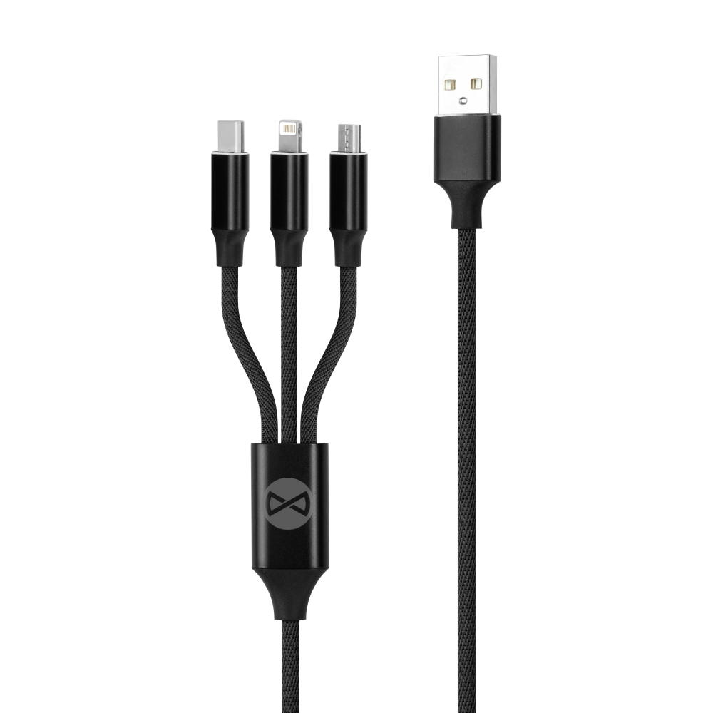 "Forever 3in1" kabelis USB - "Lightning" + USB-C + microUSB 1,2 m 2A juodas