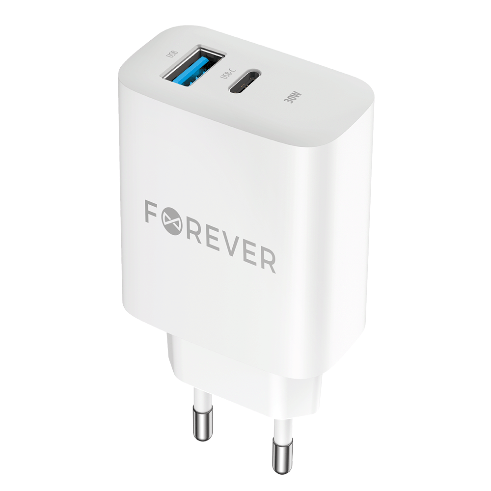 "Forever TC-07-30AC PD QC įkroviklis 1x USB-C 1x USB 30W baltas
