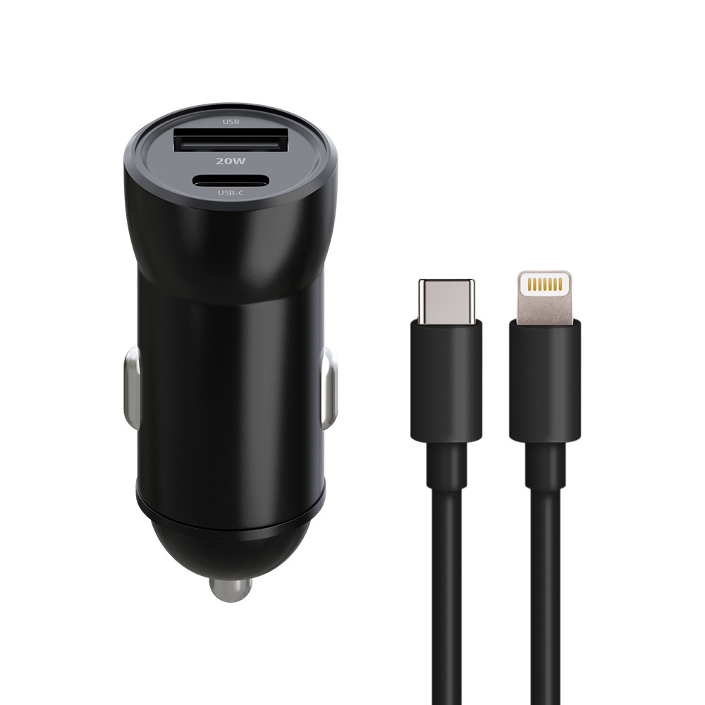 "Maxlife MXCC-04 PD QC automobilinis įkroviklis 1x USB-C 1x USB 20W juodas + USB-C - Lightning kabelis 27W