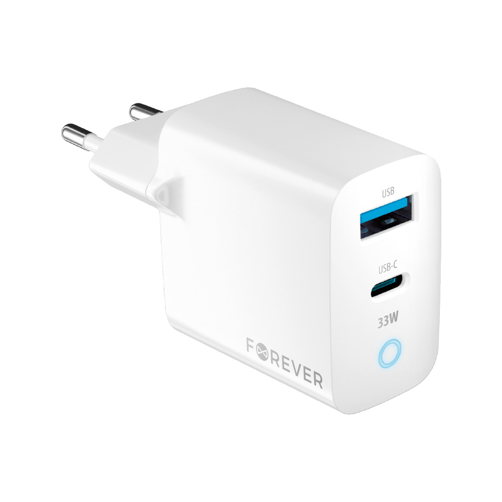 "Forever TC-06-33AC GaN PD QC įkroviklis 1x USB-C 1x USB 33W baltas