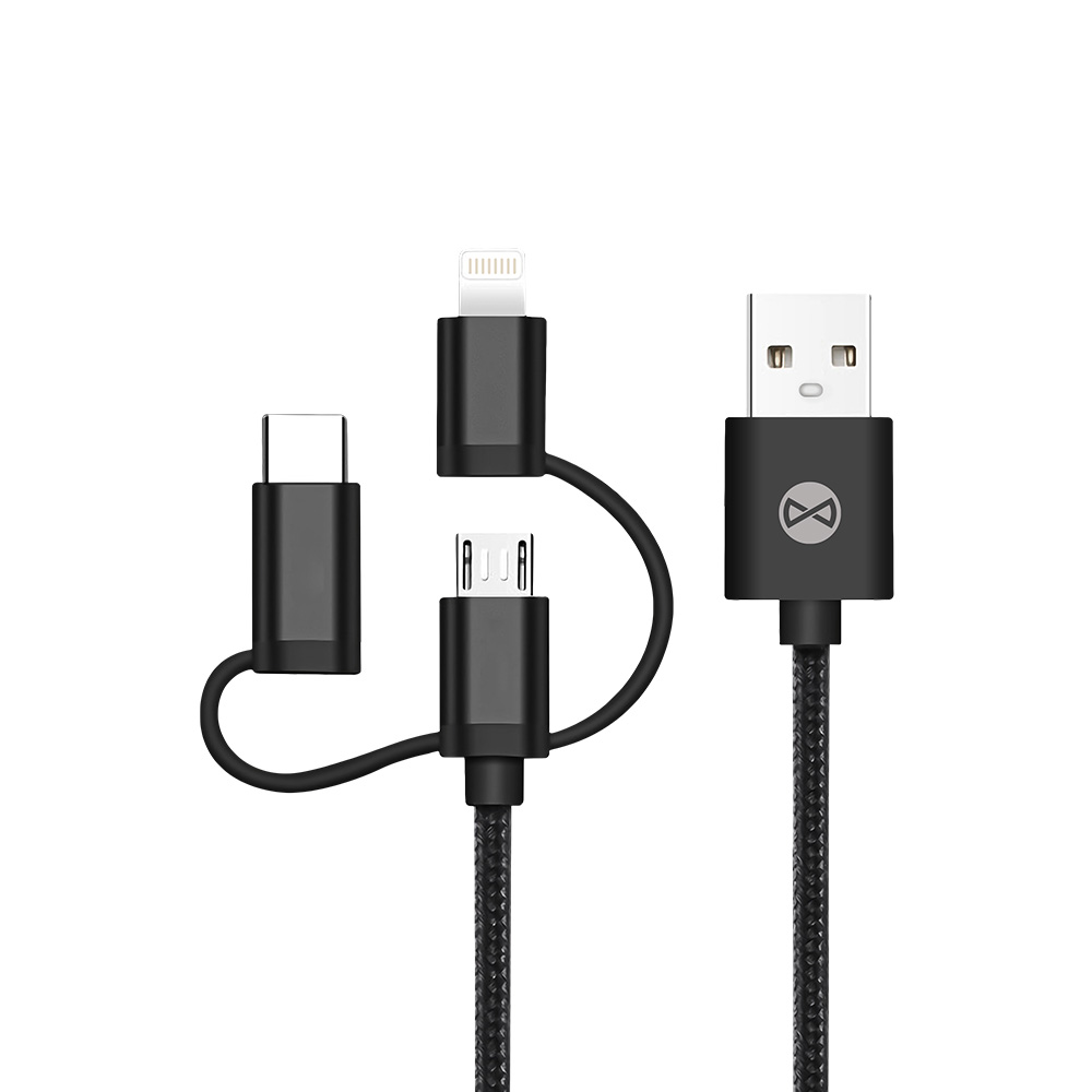 "Forever 3in1" kabelis USB - "Lightning" + USB-C + microUSB 1,0 m 1,5A juodas