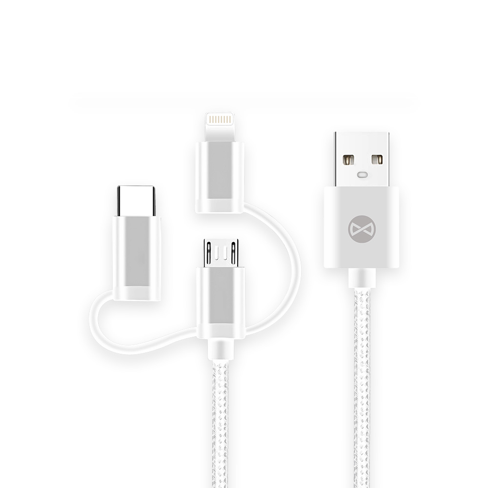 "Forever 3in1" kabelis USB - "Lightning" + USB-C + microUSB 1,0 m 1,5A, baltas