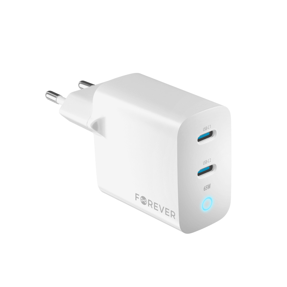 "Forever TC-06-65CC GaN PD QC įkroviklis 2x USB-C 65W, baltas