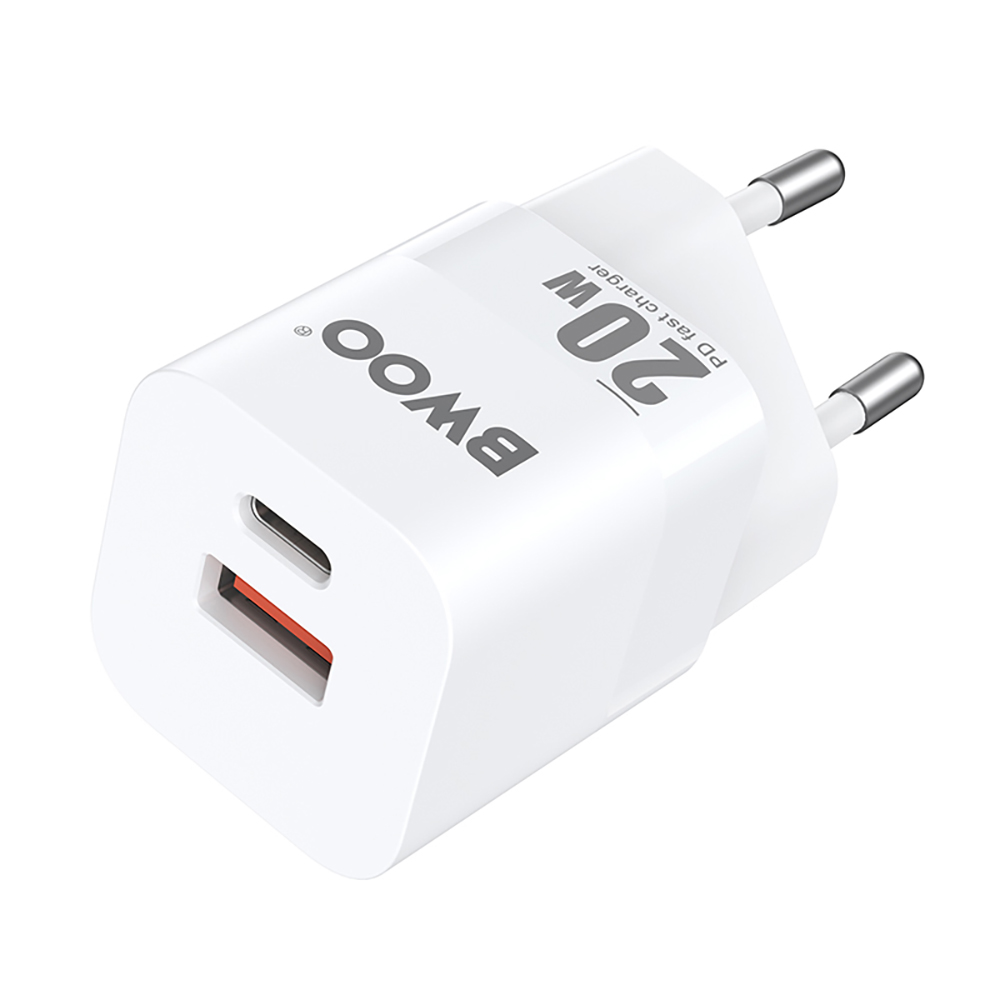 BWOO CDA156 PD sieninis įkroviklis 1x USB-C 1v USB 20W baltas