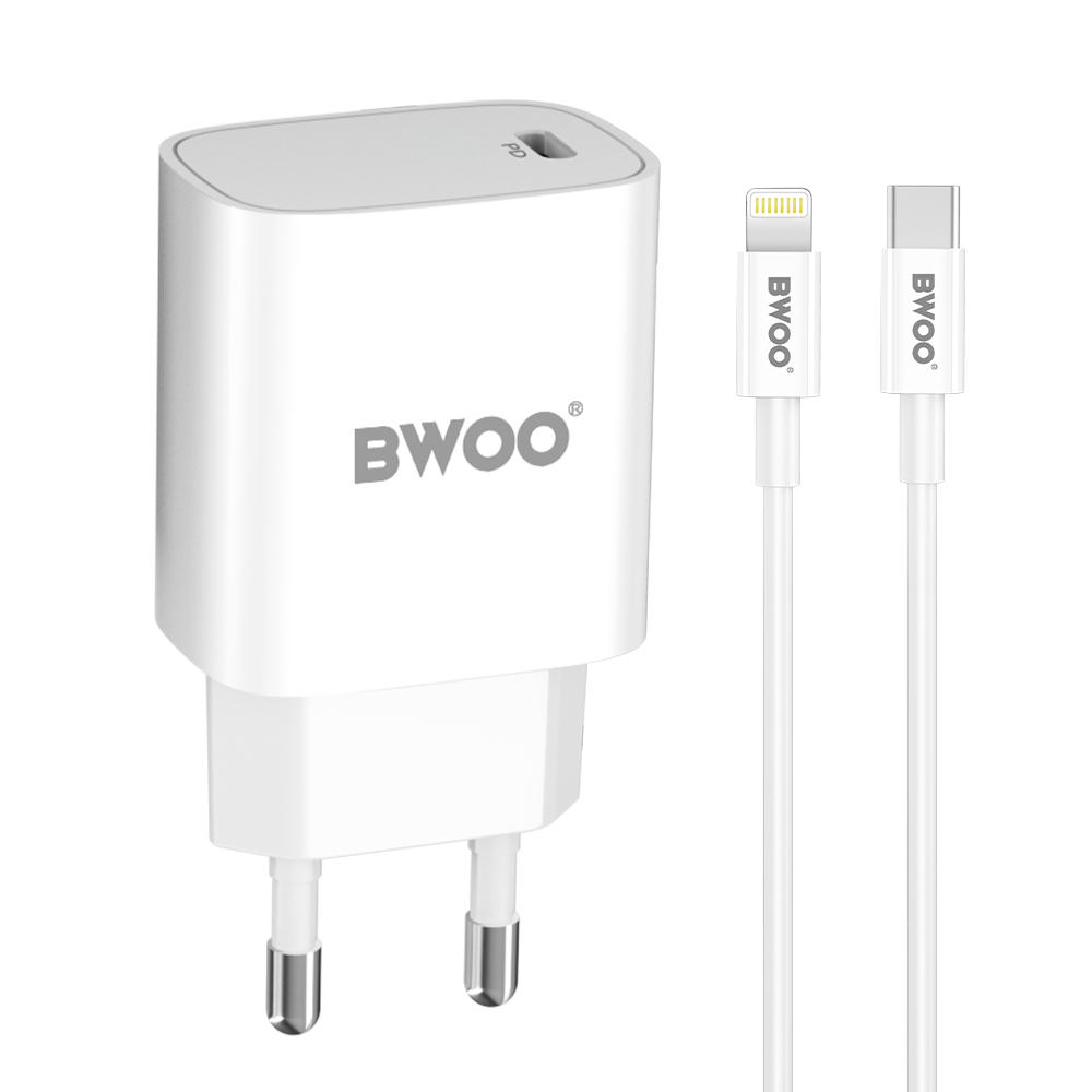 BWOO CDA159 PD sieninis įkroviklis 20W 1x USB-C prievadas + "Lightning" baltos spalvos