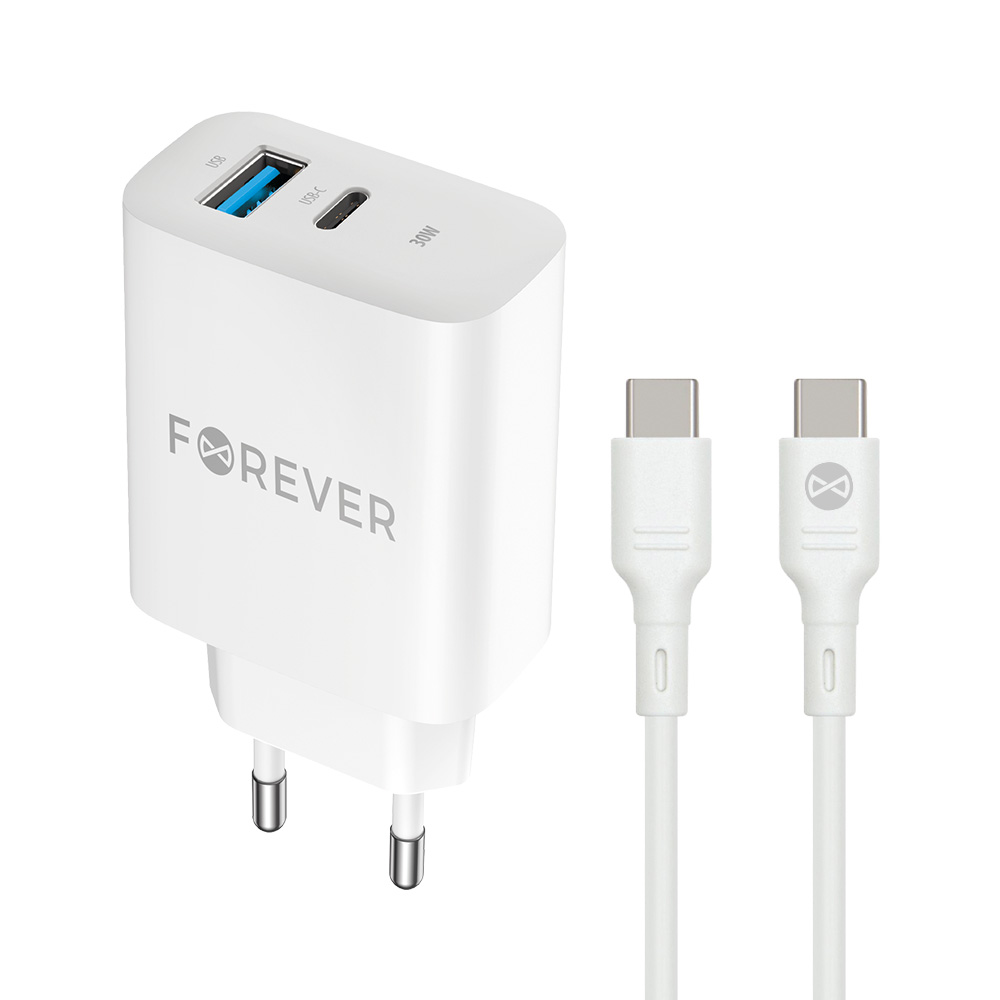 Forever TC-07-30AC PD QC įkroviklis 1x USB-C 1x USB 30W baltas + USB-C - USB-C laidas 60W