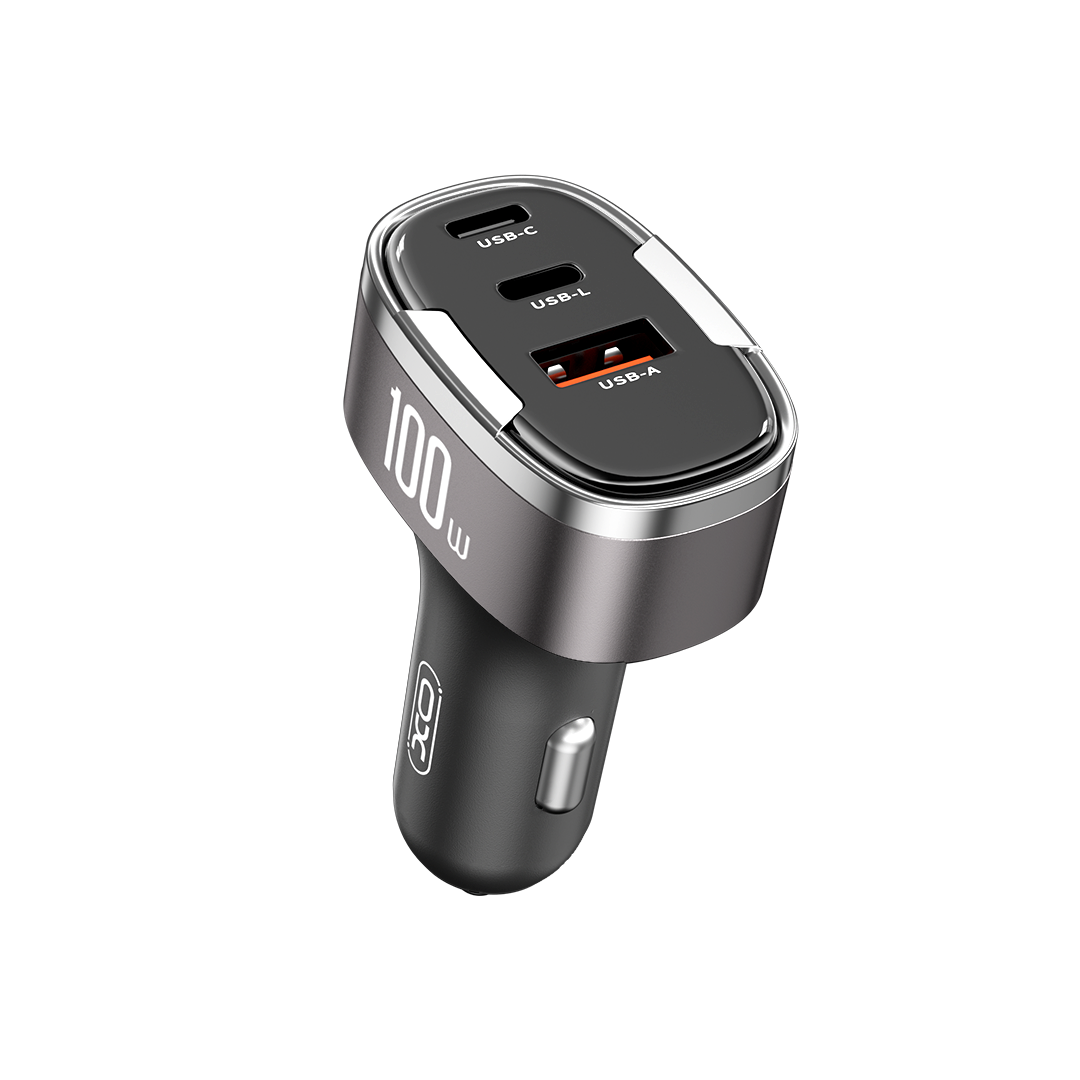 XO automobilinis įkroviklis CC61 PD QC 3.0 100W 1x USB 1x USB-C 1x Lightning pilkos spalvos