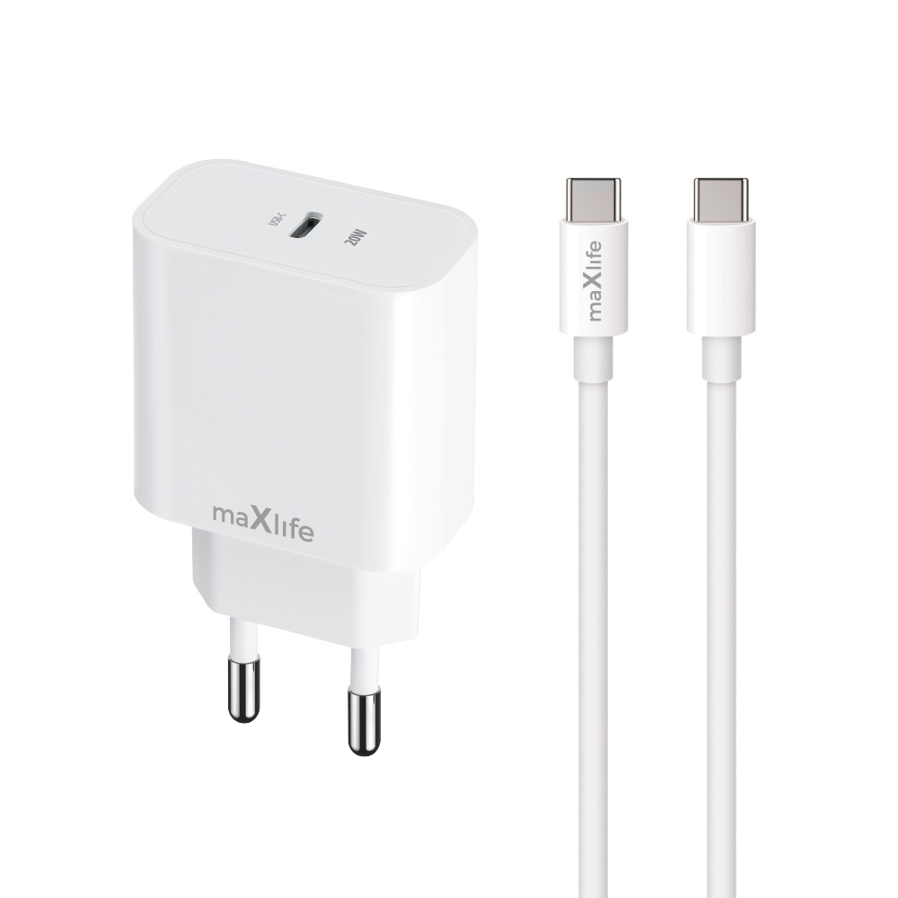 "Maxlife MXTC-06-20C PD QC įkroviklis 1x USB-C 20W baltos spalvos + USB-C - USB-C kabelis 20W