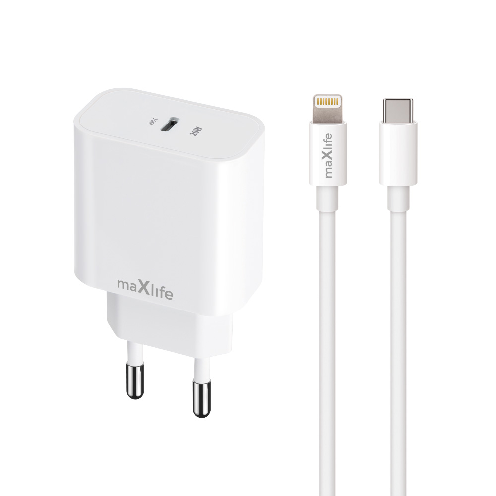 "Maxlife MXTC-06-20C PD QC įkroviklis 1x USB-C 20W baltos spalvos + USB-C - Lightning kabelis 20W