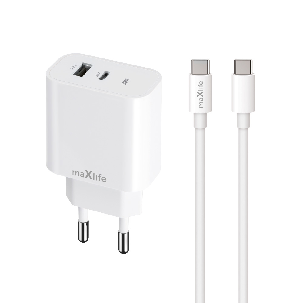 "Maxlife MXTC-06-30AC PD QC įkroviklis 1x USB-C 1x USB 30W baltas + USB-C - USB-C kabelis 60W