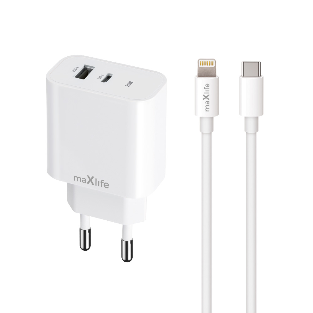"Maxlife MXTC-06-20AC PD QC įkroviklis 1x USB-C 1x USB 20W baltas + USB-C - Lightning kabelis 20W