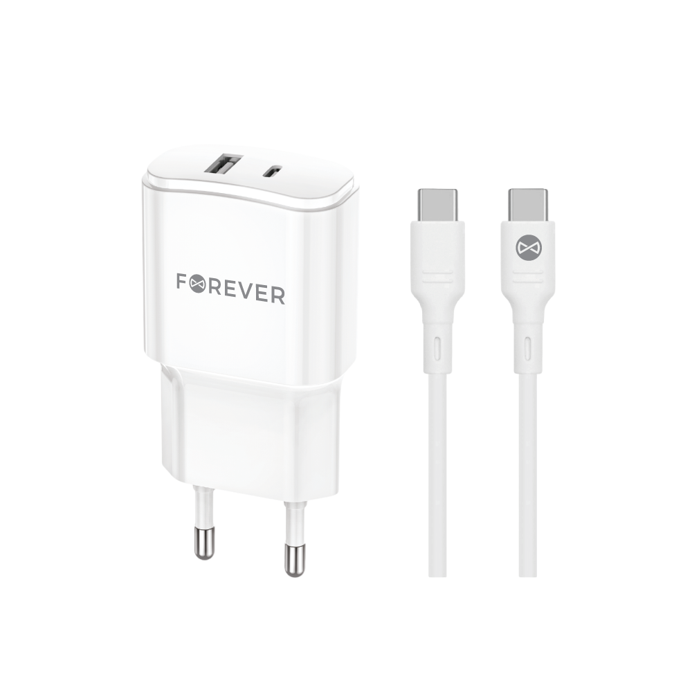 Forever TC-01-20AC PD QC įkroviklis 1x USB-C 1x USB 20W baltos spalvos + USB-C - USB-C kabelis 20W