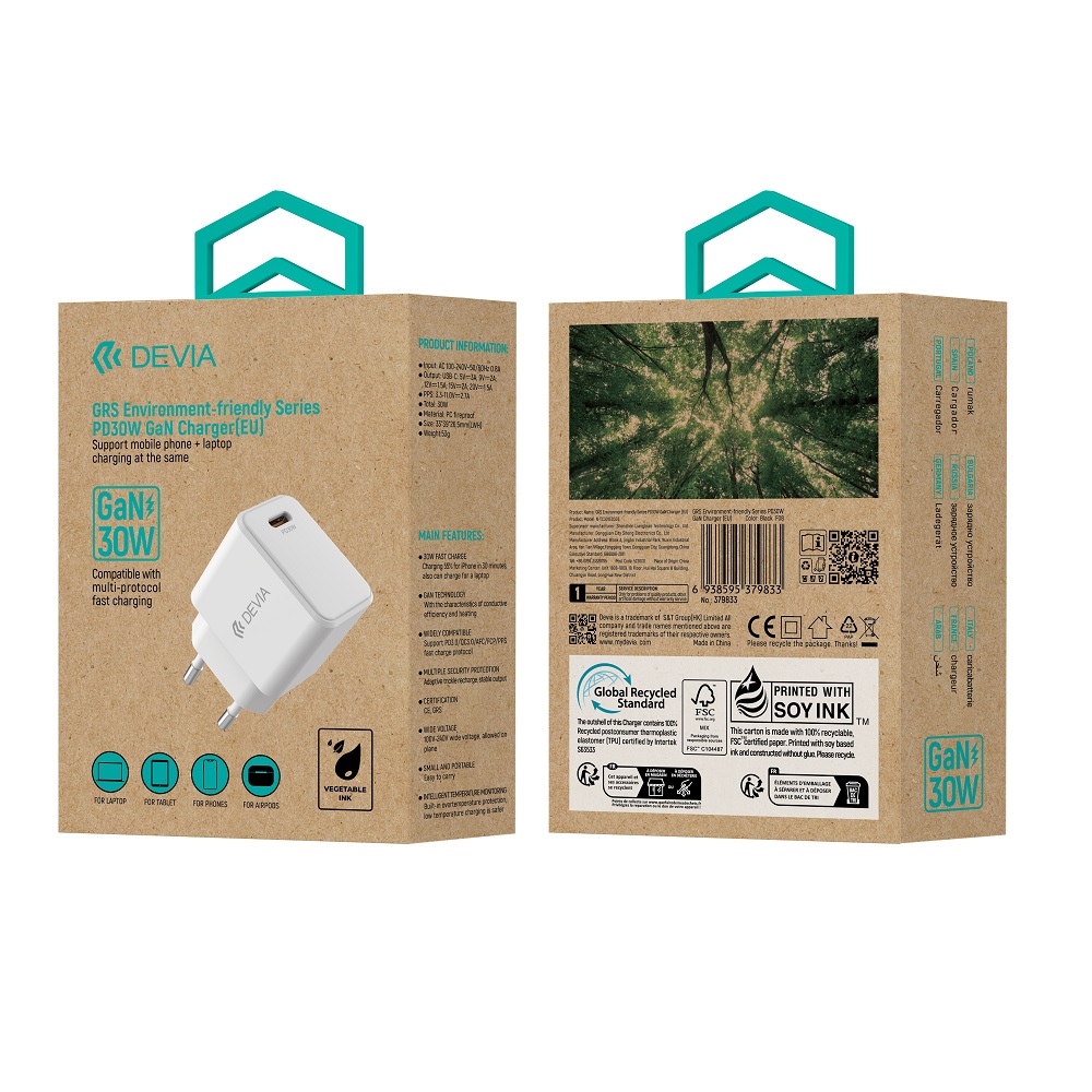 "Devia" sieninis įkroviklis GRS EA457 GaN PD 30W 1x USB-C baltas