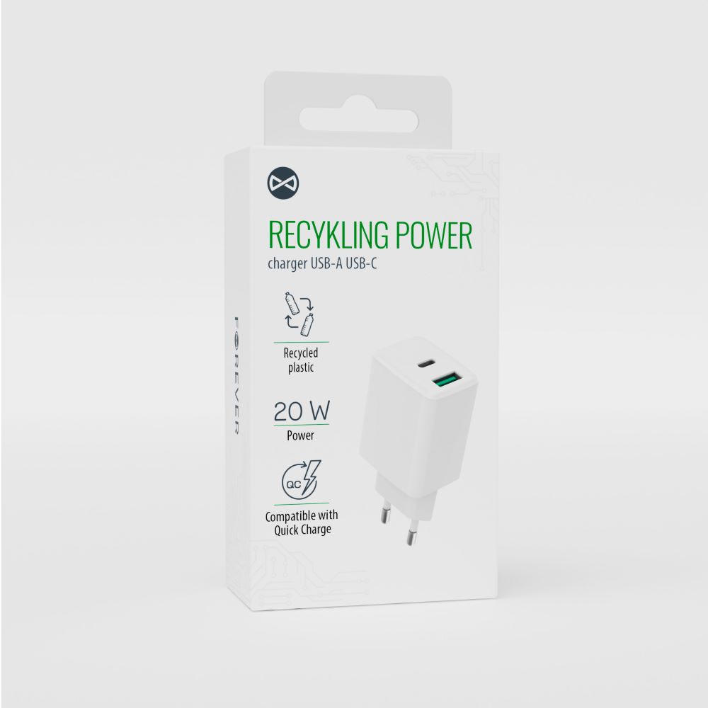Forever perdirbtas sieninis įkroviklis USB + USB-C 20W LSR20-AC-00, baltas