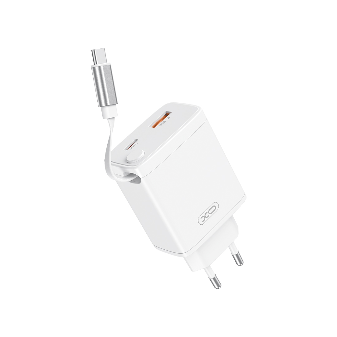 XO wall įkroviklis CE31 1x USB 1x USB-C 30W baltas with retractable USB-C laidas