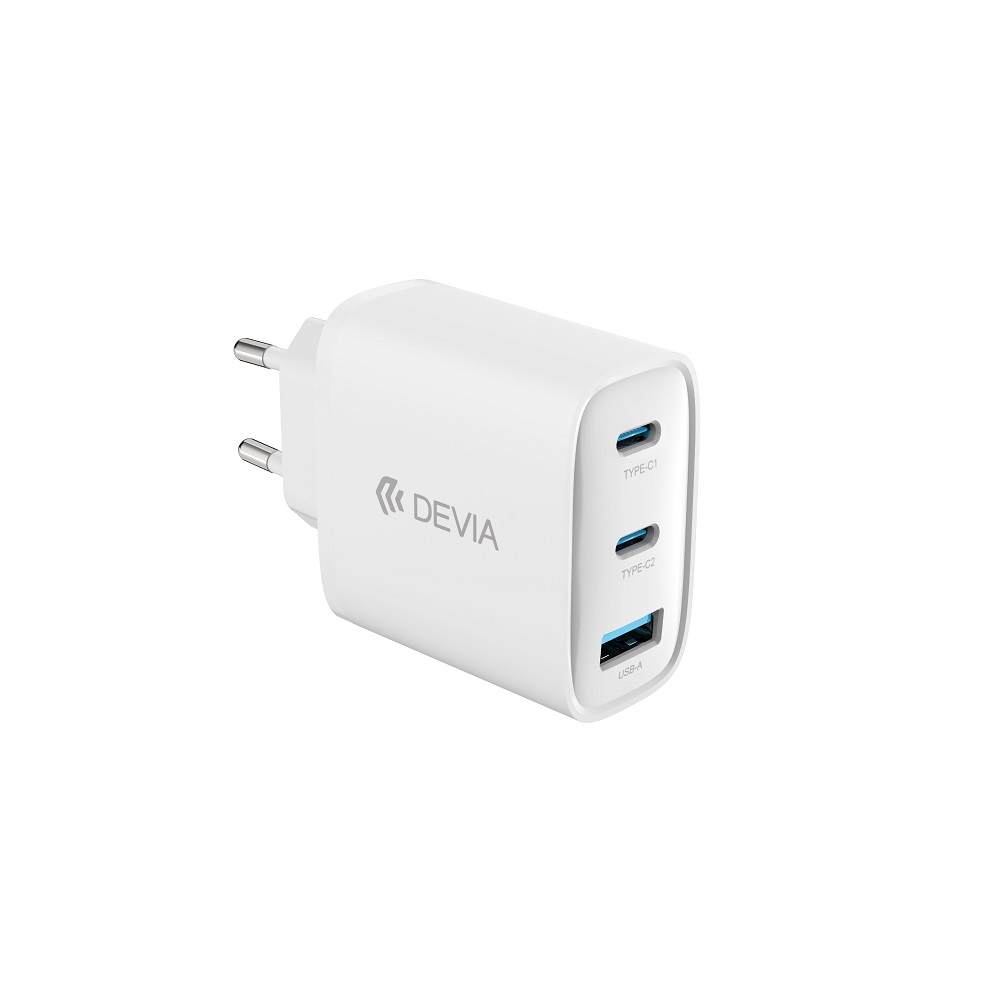 Devia wall įkroviklis Extreme PD GaN 65W 2x USB-C 1x USB baltas + laidas USB-C - USB-C laptop įkroviklis