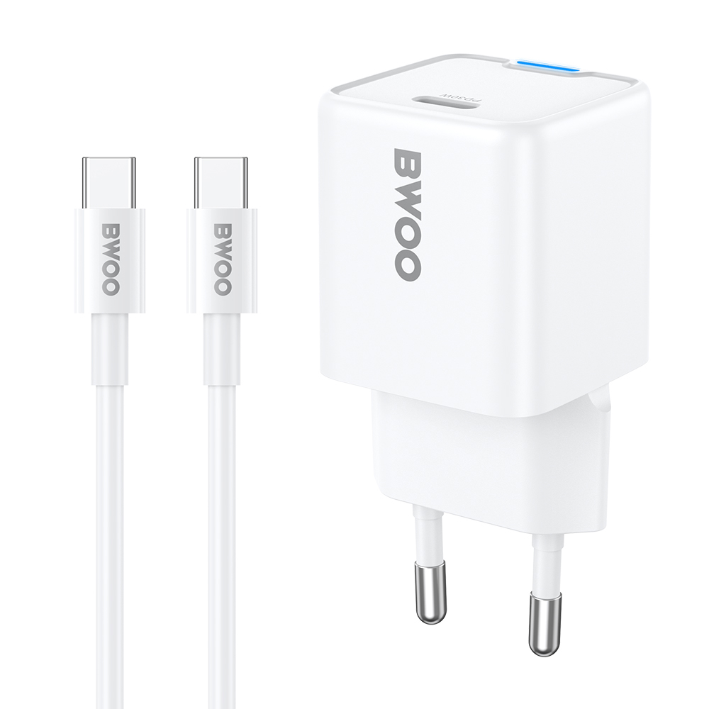 BWOO GaN PD 30W wall įkroviklis 1x USB-C port with 60W laidas USB-C 2A baltas