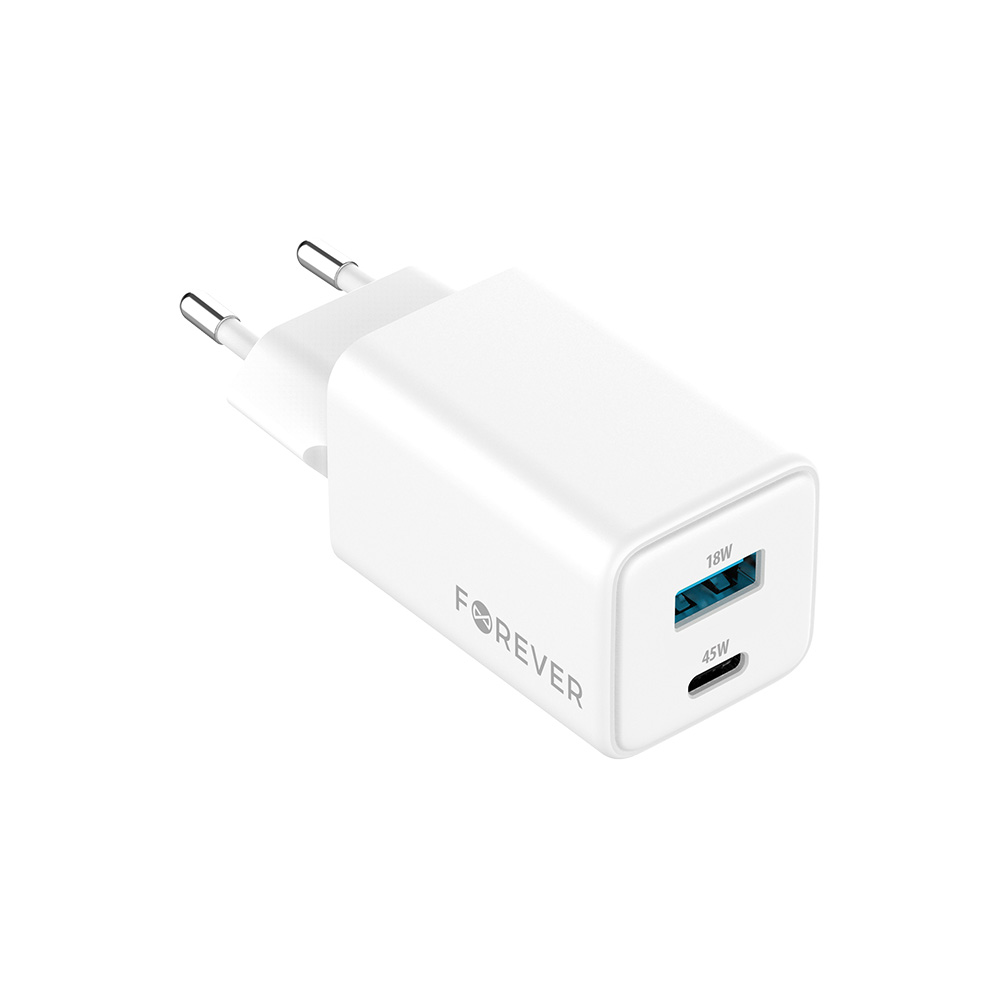 "Forever TC-08-45AC GaN PD QC įkroviklis 1x USB-C 1x USB 45W baltas