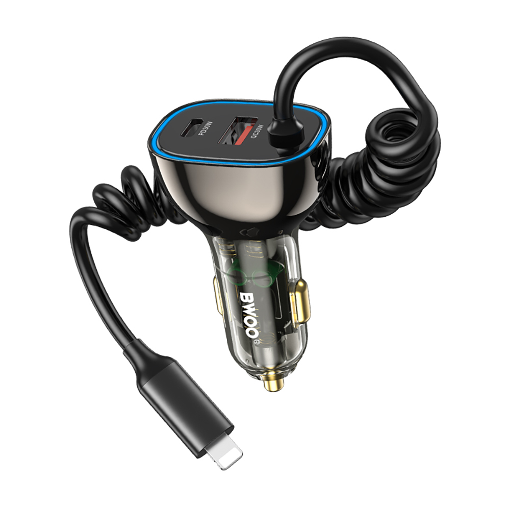 BWOO CC96L 30W PD car įkroviklis 1x USB-C 1x USB port with lightning laidas pilkas