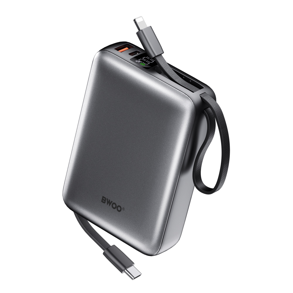 BWOO išorinė baterija P73 22.5W 20000 mAh with 2 built-in cables 1 x USB-C 1 x Lightning juodas